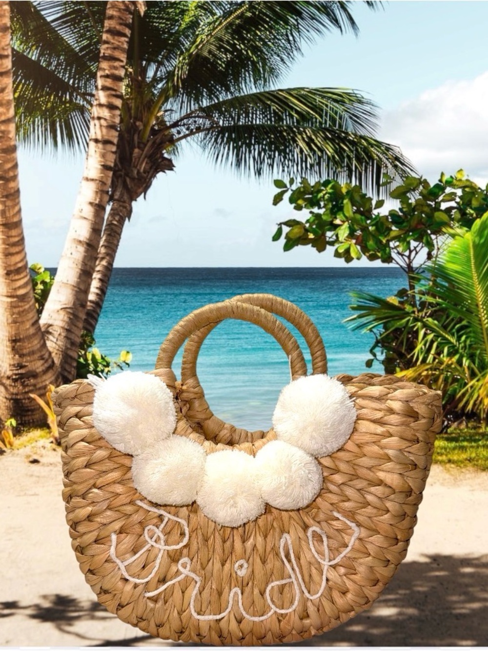 Bride Straw Tote Bag with White Pom-Poms.